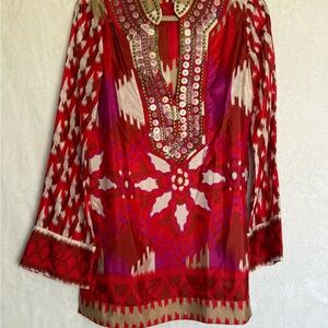 Tory Burch Red Embellished Long Sleeve Tunic